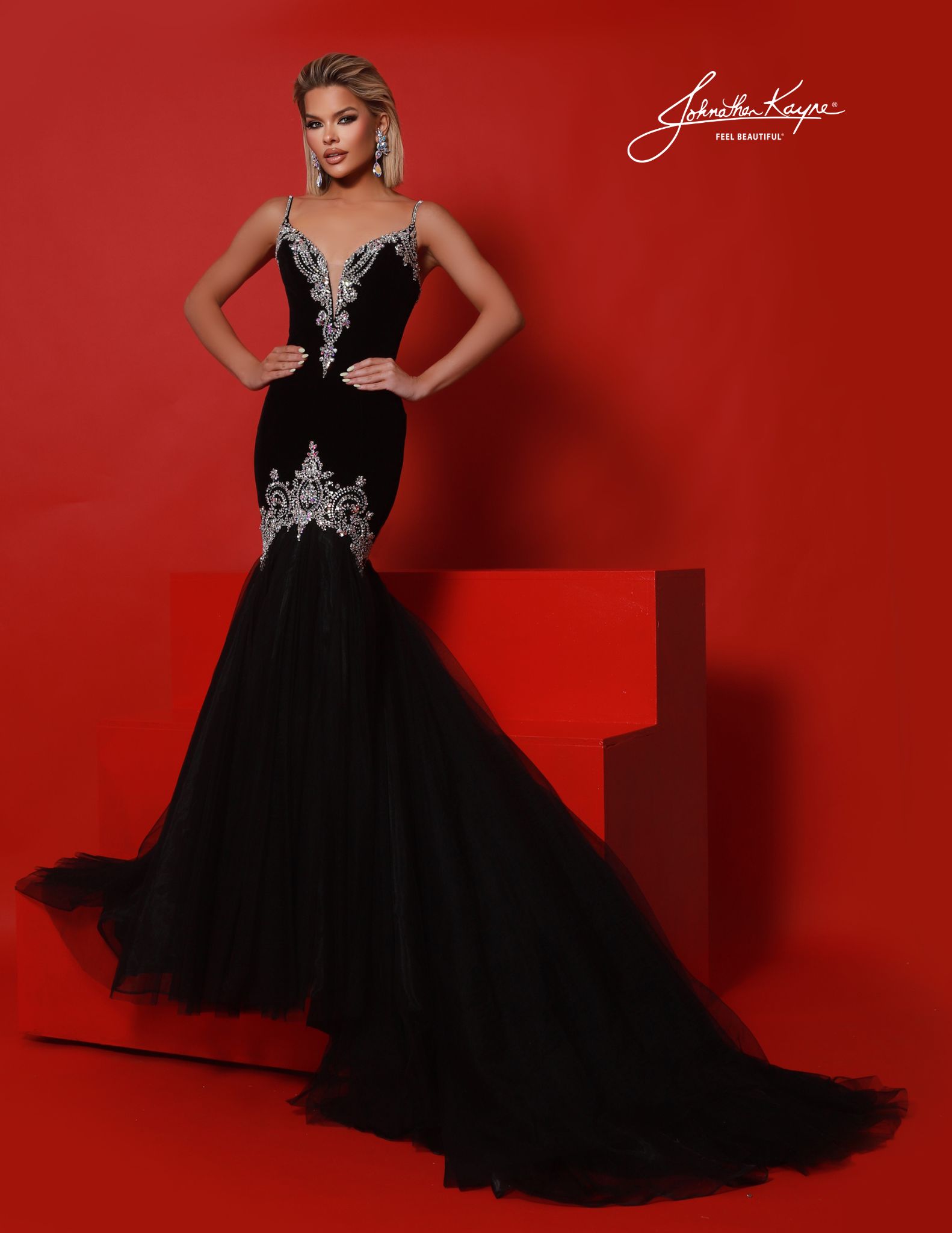 Black velvet mermaid gown with silver beadwork and tulle skirt - dramatic pageant gown with crystal straps, plunging neckline, and ornate silver applique, perfect for national stage, evening wear competitions, or homecoming court.